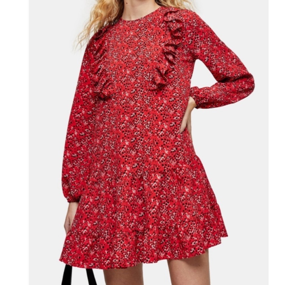 TOPSHOP | Red Ruffle Mini Dress | Medium US 8 EUR 40 | Chic Black Retro NWT